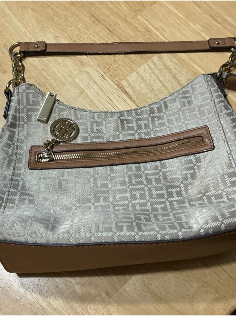 Tommy Hilfiger Beige Monogram Shoulder Bag with Tan Trim